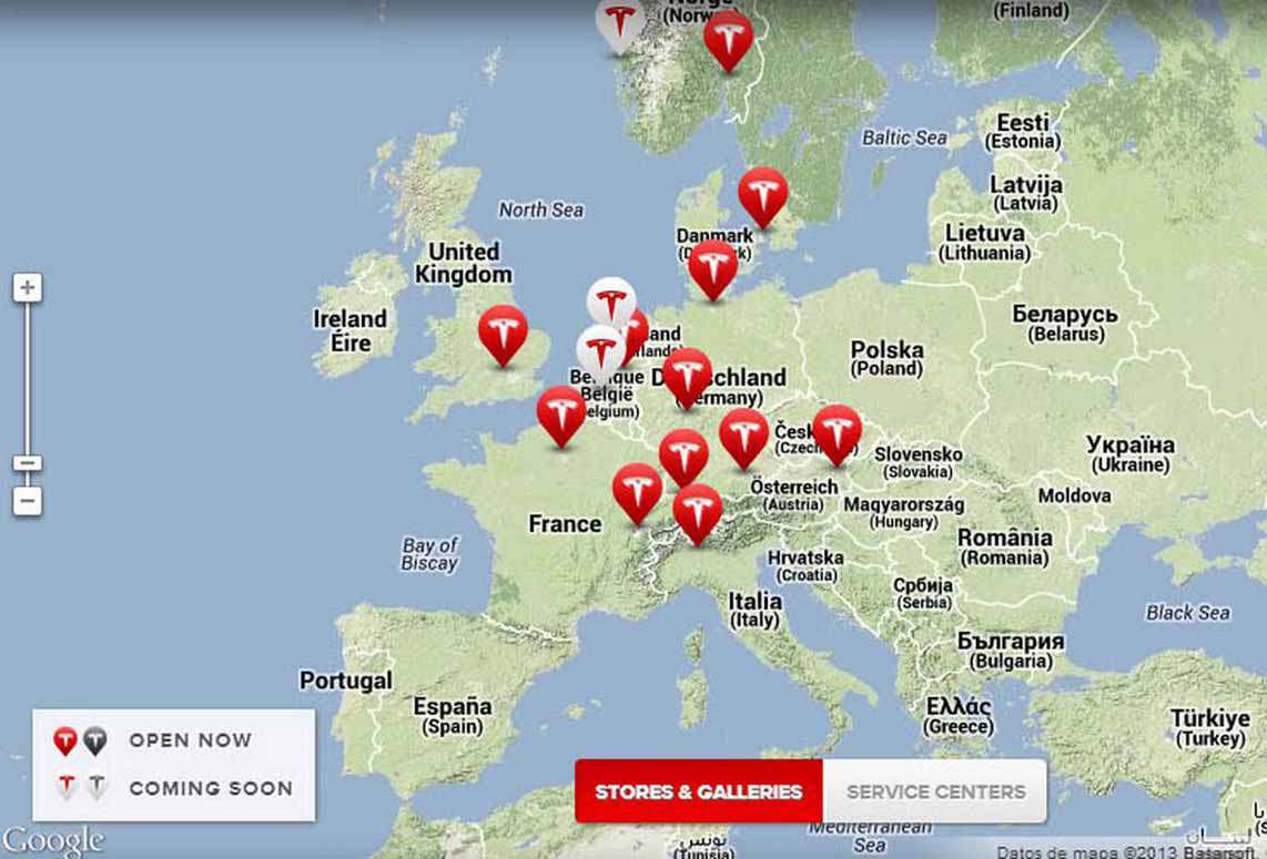 Distribución de concesionarios Tesla en Europa