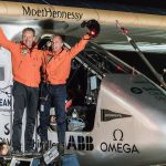 Tulsa, Oklahoma, USA, May 12th 2016: Solar Impulse successfully landed at Tulsa International Airport with Bertrand Piccard at the controls.  Departed from Abu Dhabi on march 9th 2015, the Round-the-World Solar Flight will take 500 flight hours and cover 35í000 km. Swiss founders and pilots, Bertrand Piccard and AndrÈ Borschberg hope to demonstrate how pioneering spirit, innovation and clean technologies can change the world. The duo will take turns flying Solar Impulse 2, changing at each stop and will fly over the Arabian Sea, to India, to Myanmar, to China, across the Pacific Ocean, to the United States, over the Atlantic Ocean to Southern Europe or Northern Africa before finishing the journey by returning to the initial departure point. Landings will be made every few days to switch pilots and organize public events for governments, schools and universities.