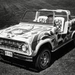 En 1970, la Ford Bronco se rindió a la época de la sicodelia con el concepto Wildflower. El variopinto modelo replicó la barra antivuelco con reposacabezas integrados, el volante en madera de nogal y las puertas recortadas con umbrales acolchados.
